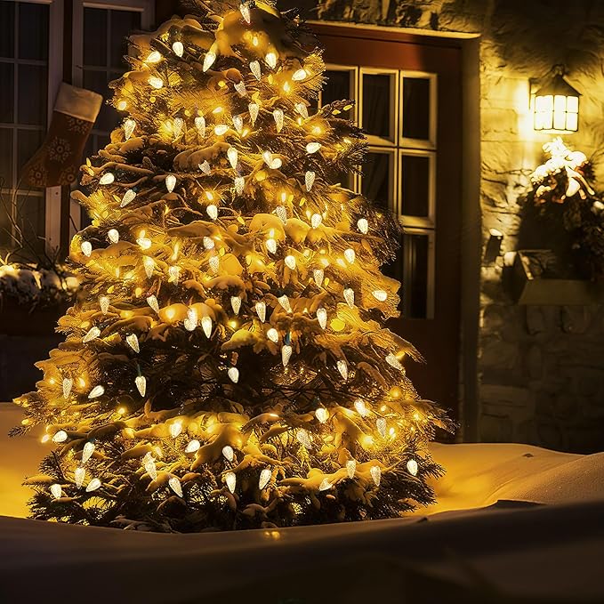 WBao Battery Operated Christmas Lights 100 LED 34ft C6 Christmas String Lights with 8 Modes, Timer, Waterproof Design for Indoor Outdoor Trees, Fence, Stairs Xmas Decorations, Warm White