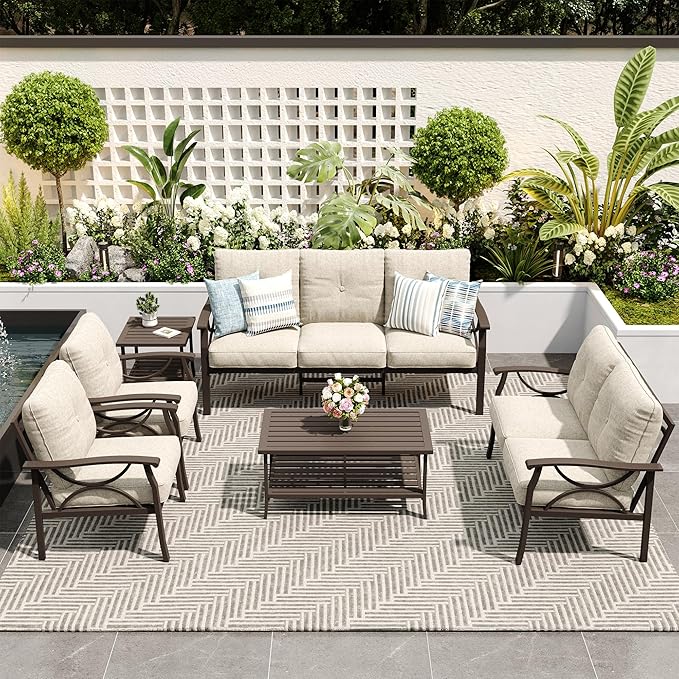 6-Piece Outdoor Patio Furniture Set, Outdoor Metal Sectional Furniture with Cushions, Outdoor Conversation Seating Set with Side Table for Deck, Backyard, Garden, Balcony, Khaki
