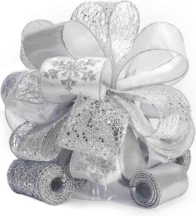CT CRAFT LLC Sliver Snowflake Christmas Tree Topper Bow 11" with 4 Ribbon Streamers x 3 Yards Long Each for Holidy Elegant Fancy Home Décor Indoor