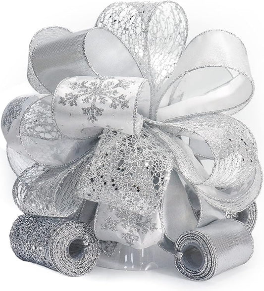 CT CRAFT LLC Sliver Snowflake Christmas Tree Topper Bow 11" with 4 Ribbon Streamers x 3 Yards Long Each for Holidy Elegant Fancy Home Décor Indoor