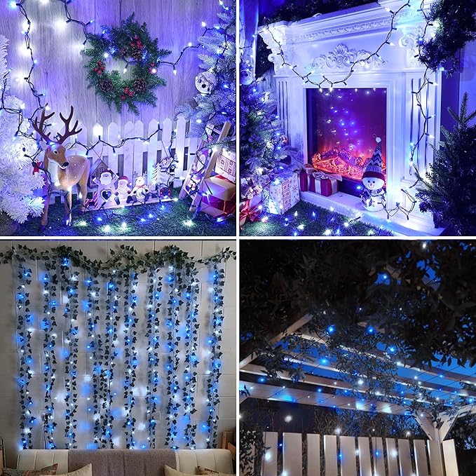 Christmas Lights -2 Pack Total 43FT 200 Count Conectable Waterproof String Lights Brighter Detachable Plug-in Lights Indoor & Outdoor for Christmas Decoration(Blue & White)