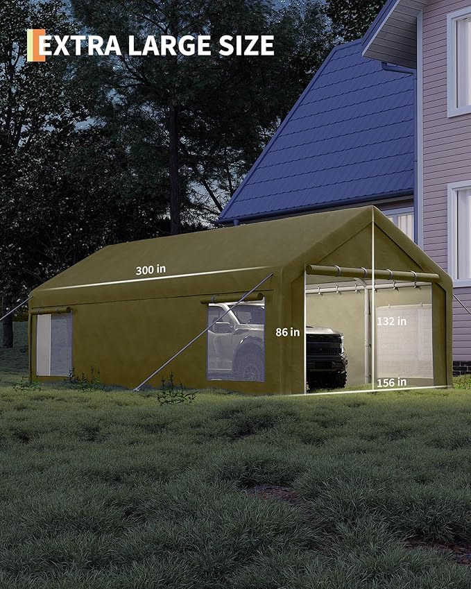 GarveeLife 13x25 ft Carport with 10 Sandbags, Car Port with 220 g PE Tarp, 2 Roll-Up Doors, and 4 Windows, for Full-Size Pickups, Bass Boats, Tractors, and SUVs, Khaki