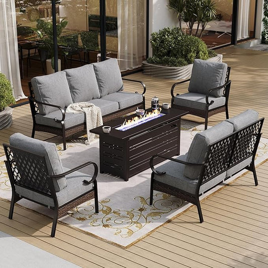 5 Piece Metal Outdoor Patio Furniture Sets with Firepit Table, Patio Conversation Sets 1 3-Seater Sofa, 1 2-Seater Loveseat, 2 Single Sofa with 5.75" Cushion for Backyard Deck, Gray