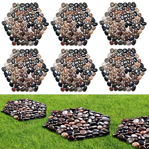 10in River Rock Stepping Stones Set - 6 Pack | Polished Pebble | Long-Lasting PVC Mesh Backing | Perfect for Garden Paths and Lawns Outdoor Landscaping Decoration | Mixed Rhombus