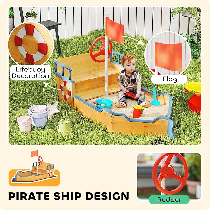Outsunny Wooden Kids Sandbox, Ship-Shape Outdoor Sandboat with Bench Seats, Storage, Non-Woven Fabric Cloth for Backyard, Lawn, Natural Wood
