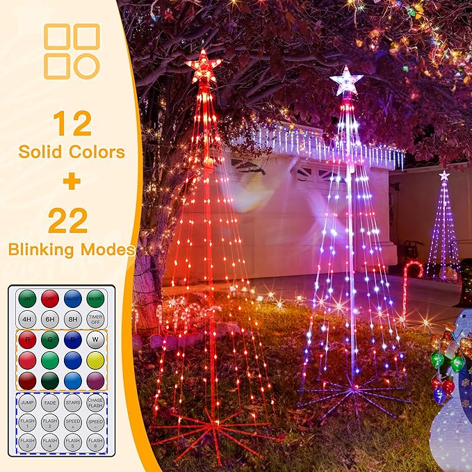 Ollny Christmas Tree Lights 6FT 170 LED, RGB 34 Modes Color Changing Outdoor String Light with Plug in Remote, Waterproof Star Lights for Xmas Outside Indoor Yard Porch Decorations