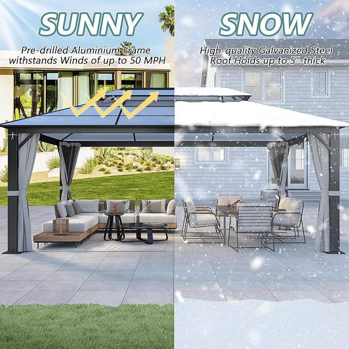 12'x16' Hardtop Gazebo, Patio Gazebo Polycarbonate Double Roof Gazebos with Netting and Curtains, Heavy Duty Metal Pavilion for Patio, Backyard, Deck and Lawn