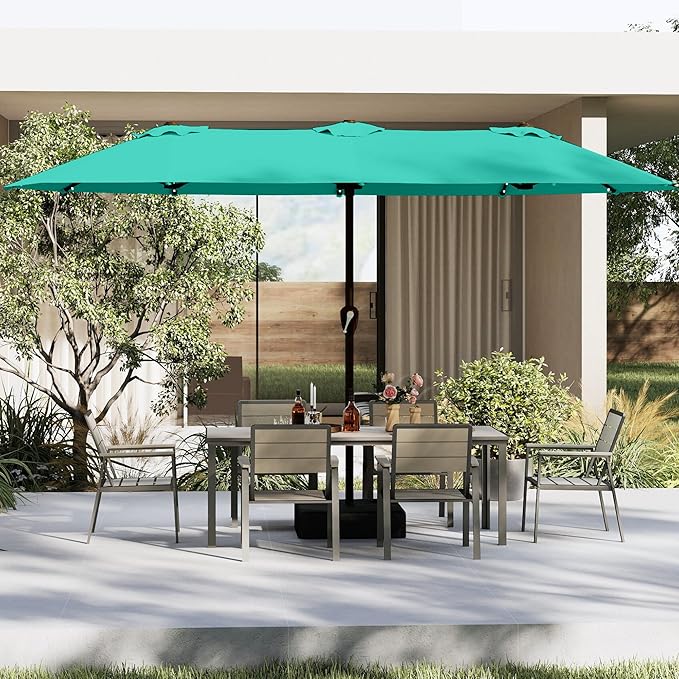 13FT Double-Sided Patio Umbrella with 48 Solar LED Lights, Large Rectangular Outdoor Market Umbrella with Crank Handle, Vented Canopy, Heavy-Duty 12 Rib Steel Frame, for Backyard, Garden, Pool, Turquoise Blue