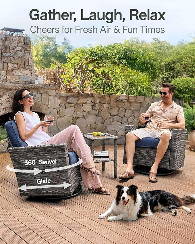 Luxury 7-Piece Patio Furniture Set with 6-Inch Thick Cushions, Outdoor Couch and Swivel Rocker Chairs, Wicker Conversation Set for Porch, Deck, Yard, Pool in Blue
