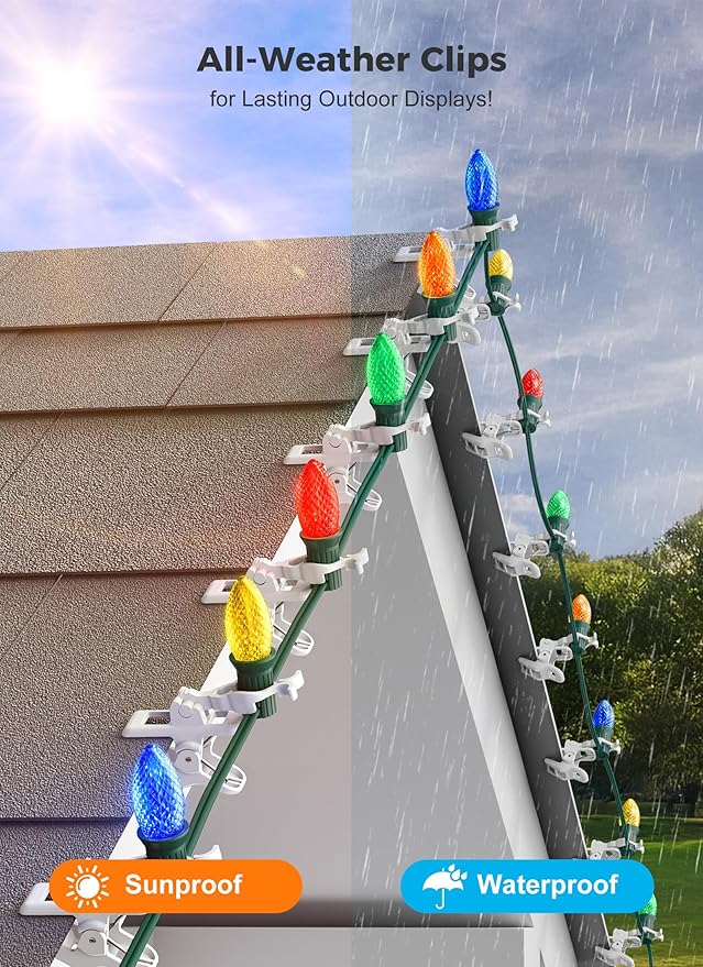 C7 C9 Christmas Lights Clips, 25 Count Holiday Lights Quick Spring Clips, Shatterproof Shingle and Gutter Clips for E12, E17 Socket, Rope Lights Roofline Fence Railing Mantel Christmas Trees, White