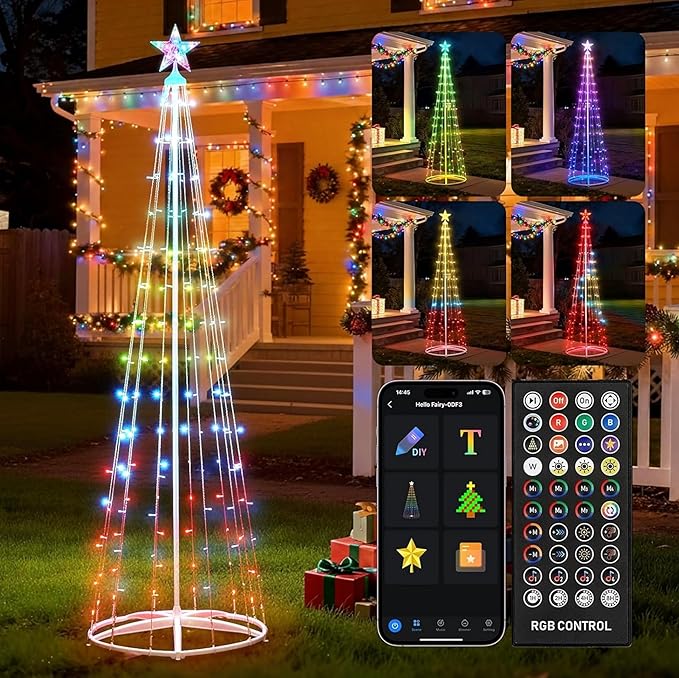 7.5Ft Smart LED Christmas Cone Tree Light, 178 LEDs Lighted Artificial Tree with Star Topper, Music Sync with Remote APP Control, DIY RGB Light Show Tree for Xmas Indoor Outdoor Decorations (RGB)