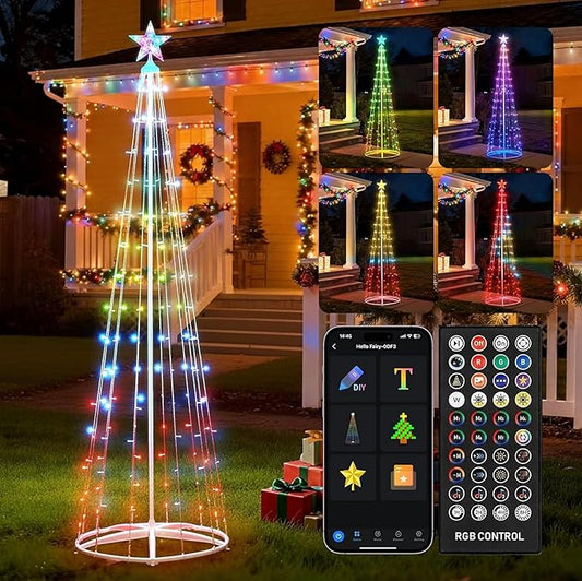 7.5Ft Smart LED Christmas Cone Tree Light, 178 LEDs Lighted Artificial Tree with Star Topper, Music Sync with Remote APP Control, DIY RGB Light Show Tree for Xmas Indoor Outdoor Decorations (RGB)