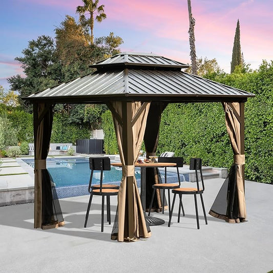 Domi 8' x 10' Hardtop Gazebo Permanent Metal Gazebo with Galvanized Steel Double Roof, Curtains and Netting for Party, Wedding, Outdoor Dining, Patio, Backyard, Brown