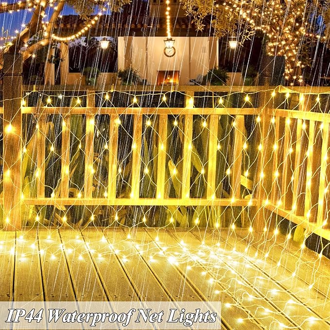 300 LED Net Lights, 14.8ft x 5ft 8 Modes Christmas Outdoor Mesh Lights Connectable, Waterproof Decorative String Lights Plug in for Bushes Xmas Tree Garden Wedding Party (Clear Wire, Warm White)