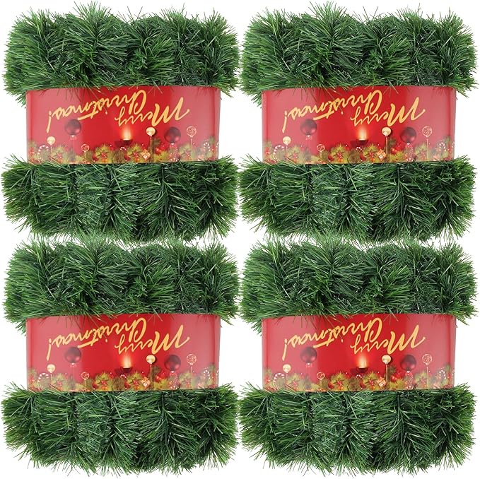4Pcs 50FT Green Christmas Garland Decorations, Christmas Artificial Pine Greenery Garland Outdoor Indoor Decor, Straight Faux PVC Soft Garland for Stairs Railing Fireplace Window Christmas Decor
