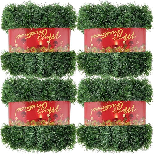 4Pcs 50FT Green Christmas Garland Decorations, Christmas Artificial Pine Greenery Garland Outdoor Indoor Decor, Straight Faux PVC Soft Garland for Stairs Railing Fireplace Window Christmas Decor