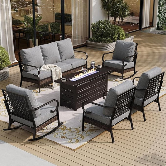 6 Piece Black Metal Outdoor Patio Furniture Sets with Firepit Table, Patio Conversation Sets 1 3-Seater Sofa, 2 Leg Sofa and 2 Rocking Chair with 5.75" Cushion for Backyard Deck, Gray