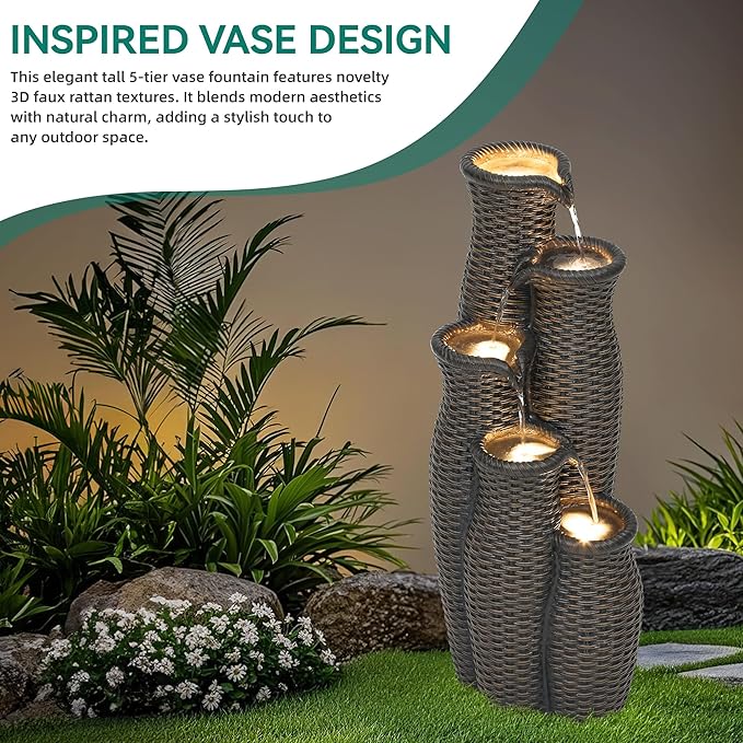Autodaya 5-Tier Faux Rattan Vase Water Fountain Outdoor with LED Lights, Polyresin Cascading Waterfall Feature, Tranquil Oasis for Garden, Patio, Yard, or Porch