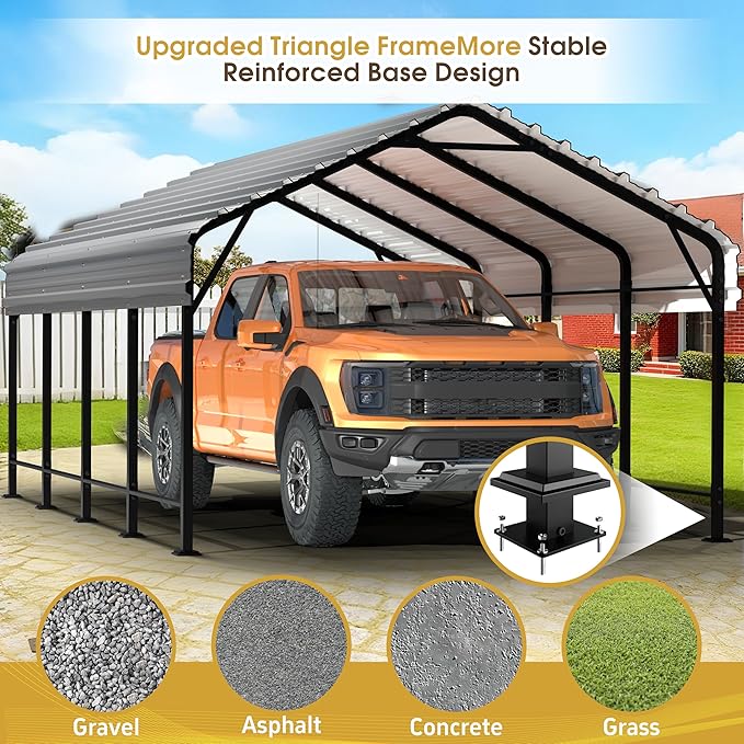 JAMFLY Carport, Heavy Duty Carport Canopy with Galvanized Steel Roof and Frame, Metal Car Garage Upgraded Extra Large Garage for Pickup, Boat, Car and Tractors, 12x20FT