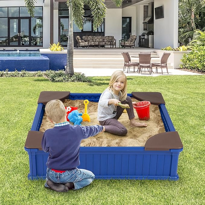 HONEY JOY 12.5 Kids Sandbox with Cover, 48 x 48 Inch Large HDPE Pit for Backyard, 4 Corner Seats & Bottom Liner, Sand Protection, All Weather Resistant Sand Boxes for Kids Outdoor (Blue)