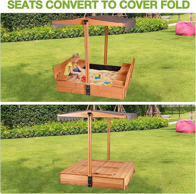 GUTINNEEN Wooden Sandbox with Adjustable Canopy, Outdoor Kids Sand Box with Foldable Benches, Sand Liner, Retractable Roof, 47¡±Lx47¡±Wx52¡±H