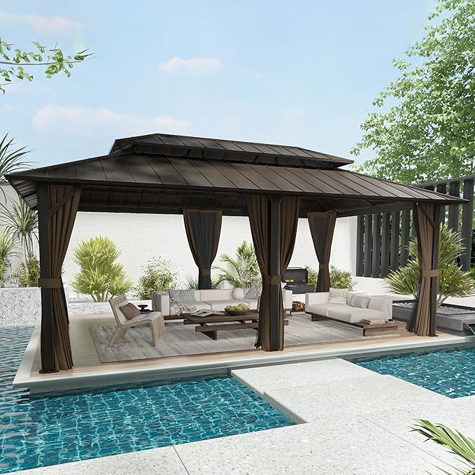 12' x 20' Hardtop Gazebo, Aluminum Frame Gazebo with Double Galvanized Steel Roof, Outdoor Permanent Pavilion with Netting & Curtains for Backyard, Garden, or Deck, Brown
