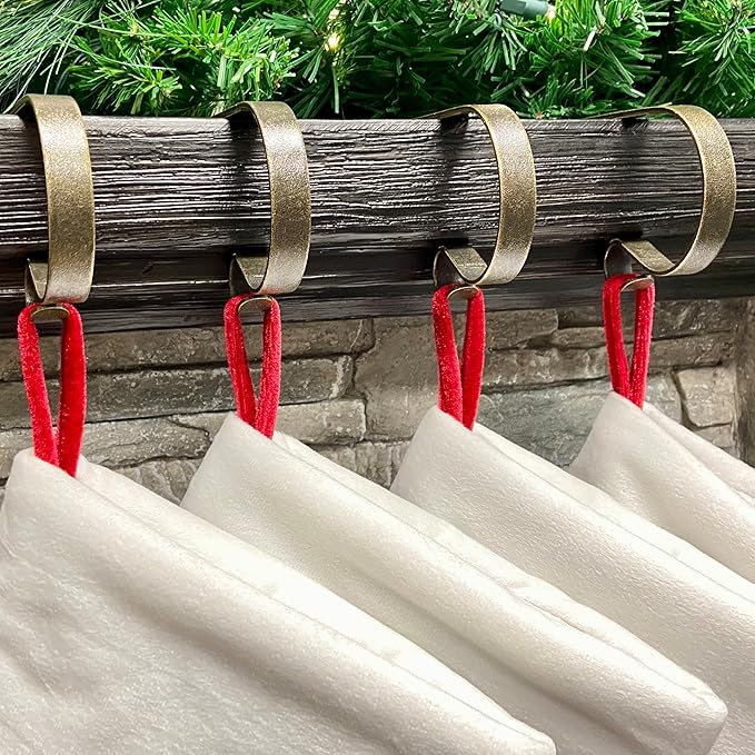 Haute Decor The Original MantleClip Stocking Holder- 4 Pack (Weathered Brass) - Hang Christmas Stockings, Lights, Garland securely from Fireplace mantels and Shelves up to 3 inches Thick