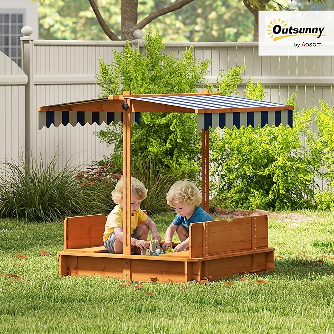 Outsunny Wooden Sandbox with Lid, Kids Sandbox with Canopy Outdoor, Sand Box with Foldable Bench Seats and Sand Protection, Bottom Liner Included, Kids Gift for Aged 3-7, 47X47 in, Red
