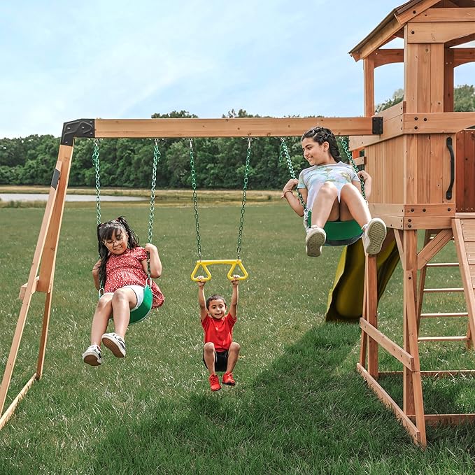 Backyard Discovery Sterling Point Cedar Wood Swing Set with Wave Slide, Raised Clubhouse, Wooden Bridge, Rock Wall, Belt Swings, Web Swing, Trapeze, Balcony, Climbing Wall, Ladder, Outdoor Playset