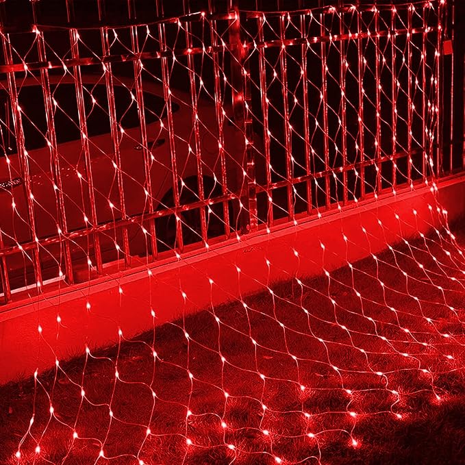 Dazzle Bright Christmas 200 LED Net Lights, 9.8 FT x 6.6 FT Connectable Mesh Lights Clear Wire with 8 Lighting Modes, Christmas Decorations for Indoor Outdoor Bush Yard Garden Decor (Red)