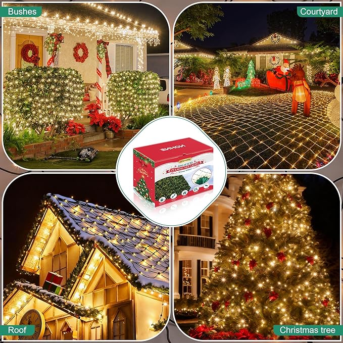 2 Pack 100 LED Christmas Net Lights Outdoor, Waterproof 4 x 6 Ft Outdoor Christmas Lights for Xmas Trees Decorations, Bushes,Shrubs, Connectable 5mm Net Lighting Warm White, Green Wire UL Listed