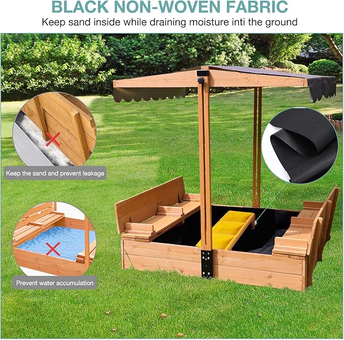 Large Wooden Kids Sand Box with Cover,Sandbox with Lid Foldable Beench Seats,Sand Boxes for Backyard Garden, Beach Patio Outdoor