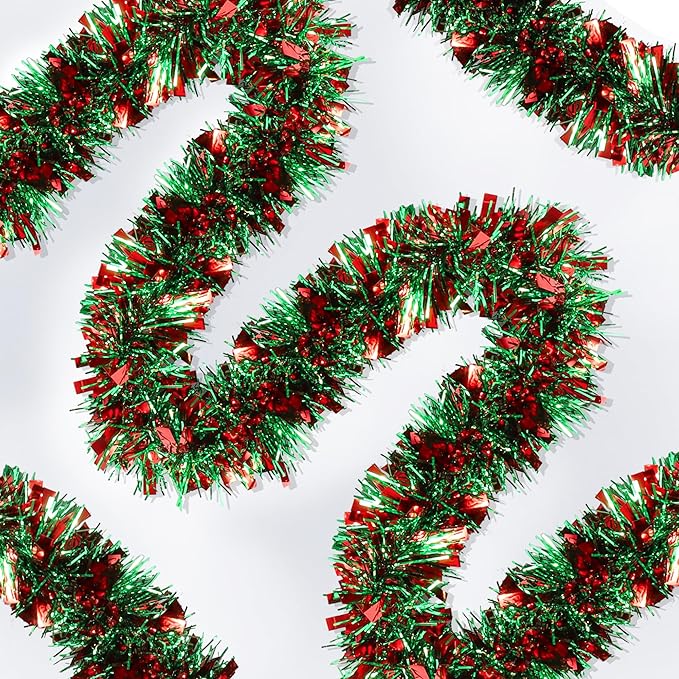 50FT Red Green Christmas Tinsel Garland Metallic Twist Shiny Garland for Xmas Tree Decorations, Xmas Holiday Hanging Decor for Home Mantle Stair Indoor Outdoor Christmas Party Supplies Decor
