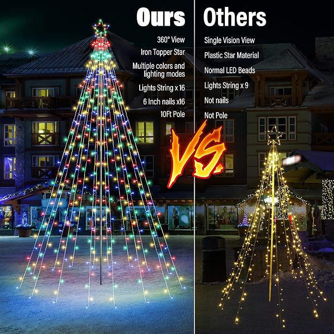 Flacchi 10 FT 404 LED Star String Lights Outdoor - Pole Set with Remote, Multiple Lighting Modes, Timer, and Waterproof Feature for Ultimate Holiday Decor (Multicolor)
