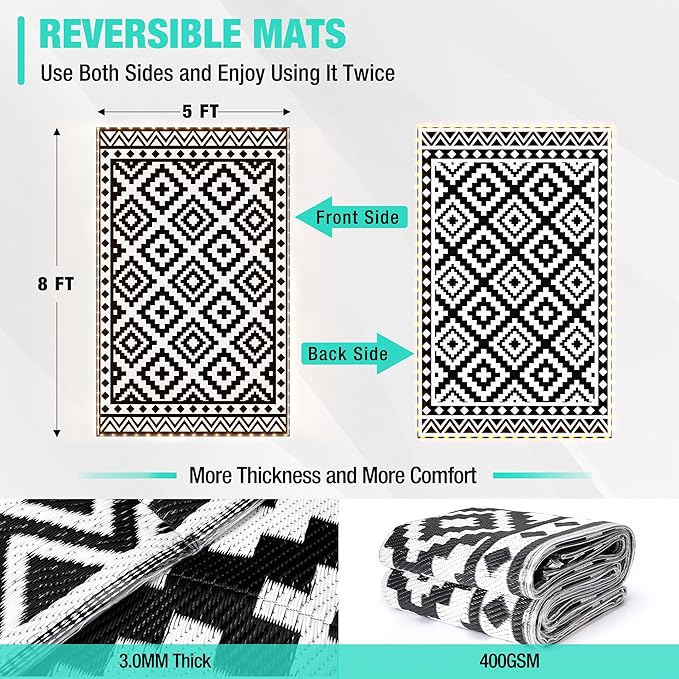 HAUSHOF 5'X8' Outdoor Rug Waterproof with LED Strip Light, Reversible Outdoor Plastic Straw Rug, Patio Rug with 4 Rug Stakes, Outdoor Carpet Mat for RV, Camping, Beach, Porch, Balcony, Black&White