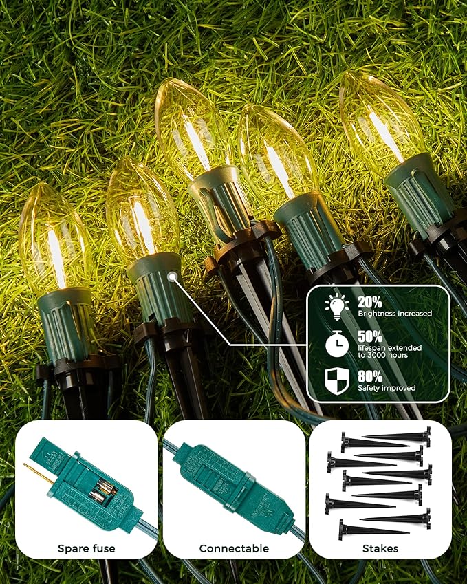 C9 Christmas Lights, 51.4ft Christmas Pathway Lights Outdoor with 40 LED Bulbs and Stakes, Connectable Waterproof String Lights for Path Driveway Sidewalk Lawn Yard Holiday Decorations, Warm White