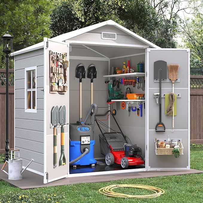 Resin Outdoor Storage Shed with Floor, 6x4.5 FT Plastic Garden Shed, Lockable Door & Window, Waterproof Tool Shed for Bike, Garbage Can, Lawn Mower, Patio Furniture Bedge
