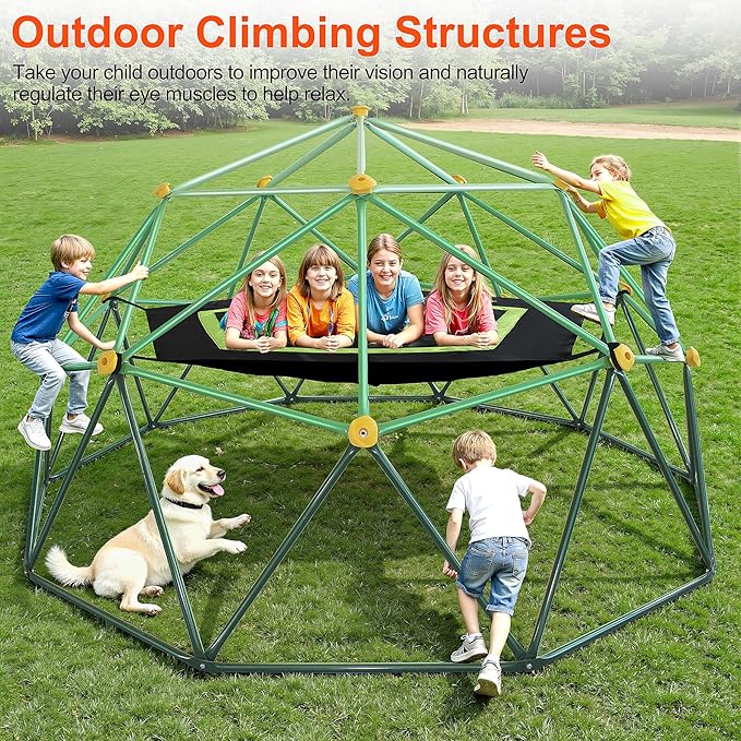 10FT Kids Climbing Dome Jungle Gym, with Hammock, All-Weather Heavy Duty Outdoor Playset for Ages 3-12, IPX9 Steel Frame, Backyard, Park, Indoor Use
