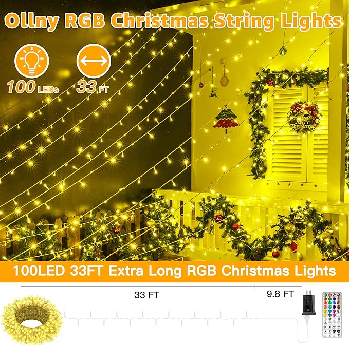 Ollny RGB Christmas Lights 100 LEDs 33 FT Clear Wire, 130 Modes Color Changing Connectable Christmas Tree Lights with Remote, Timer & Waterproof, Outdoor Xmas String Light for House Decorations