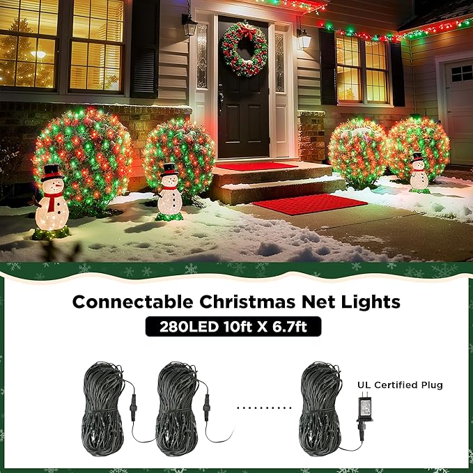 BlcTec Upgraded Outdoor Christmas Lights 280LED 10ft x 6.7ft Christmas Net Lights with UL Certified, 8 Modes, Timer, Connectable, Waterproof & Thick Wire for Bushes, Shrubs Decorations, Red Green