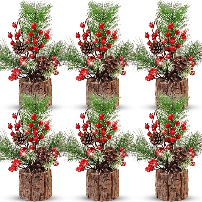 6 Pcs 11 Inch Christmas Tree Tabletop Artificial Mini Christmas Tree Decorations with Holiday Ornaments Pine Cone Berry Farmhouse for Fireplace Home Indoor Decor (Classic)
