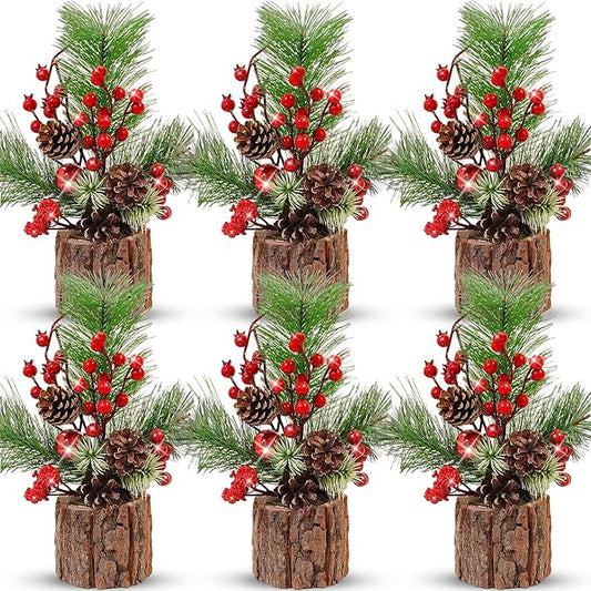 6 Pcs 11 Inch Christmas Tree Tabletop Artificial Mini Christmas Tree Decorations with Holiday Ornaments Pine Cone Berry Farmhouse for Fireplace Home Indoor Decor (Classic)