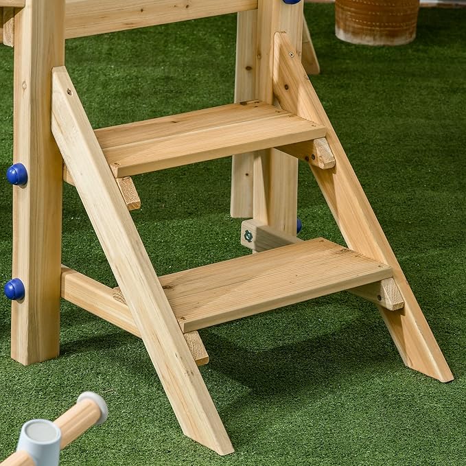 Outsunny Swing Set for Backyard, Wooden Toddler Outdoor Playset with Baby Swing Seat, Kids Slide, Fort, Playground Equipment with Captain's Wheel, Telescope for Ages 1.5-4, Natural
