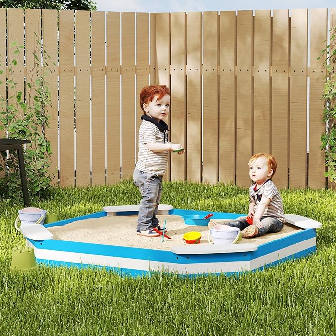 Qaba Kids Sandbox, Outdoor Wooden Sand Pit with 4 Corner Seats, Bottom Liner for Backyard, Garden, 52 x 52 x 6, Blue