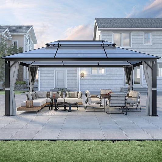 12'x16' Hardtop Gazebo, Patio Gazebo Polycarbonate Double Roof Gazebos with Netting and Curtains, Heavy Duty Metal Pavilion for Patio, Backyard, Deck and Lawn