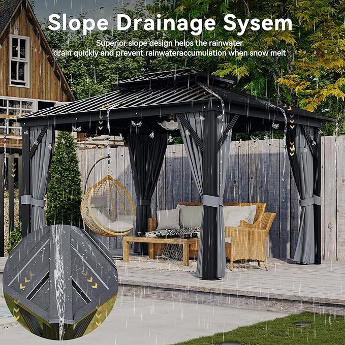 Aoxun 10'x12' Hardtop Gazebo, Aluminum Frame Canopy with Double Galvanized Steel Roof, Outdoor Metal Pavilion with Netting, Curtains for Backyard, Patio and Deck