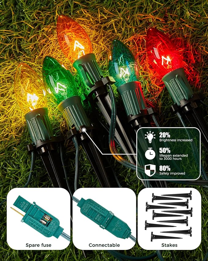 Christmas Pathway Lights Outdoor, 25.7 Feet C9 Lights with 20 Multicolor Bulbs and Stakes, Connectable Outdoor Christmas Decorations Outside Yard Walkway Sidewalk Holiday