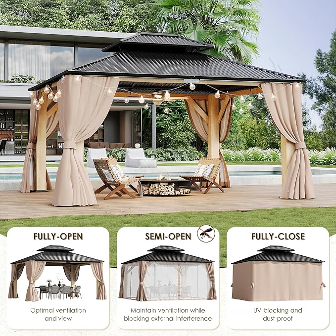 13‘x15’ Outdoor Wood Gazebo, Wooden Pavilion with Double Galvanized Steel Roof, Hardtop Gazebo with Natural Wood Frame, Curtains & Netting for Patio, Garden, Lawn, Deck, Backyard (13'x15')