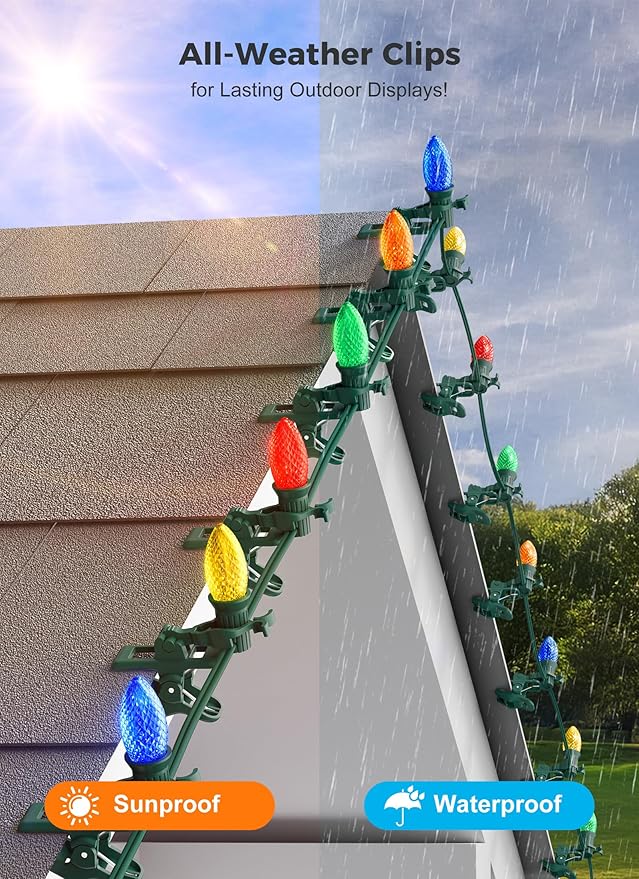 C7 C9 Christmas Lights Spring Clips, 100 Count Holiday Lights Quick Spring Clips, Shatterproof Shingle and Gutter Clips for E12, E17Socket, Rope Lights Roofline Fence Railing Mantel Christmas Trees