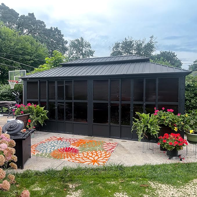 PURPLE LEAF 12' X 20' Solarium Sunroom Permanent Hardtop Gazebo Galvanized Steel Double Roof Aluminum Outdoor Enclosed Gazebo for Lawn Deck Backyard Grey